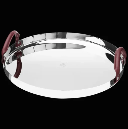 Stainless Steel Mirror Polished Round Tray with Leather Handles - 16 in
